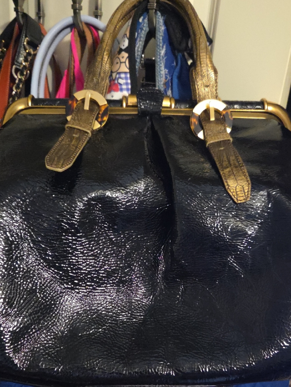 Black Patent Leather Satchel with Gold Accents